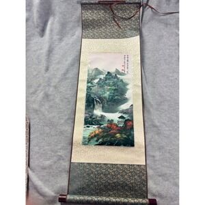 Vintage Chinese Silk Scroll Wall Hanging Waterfall Mountain‎ Landscape Art 36x12